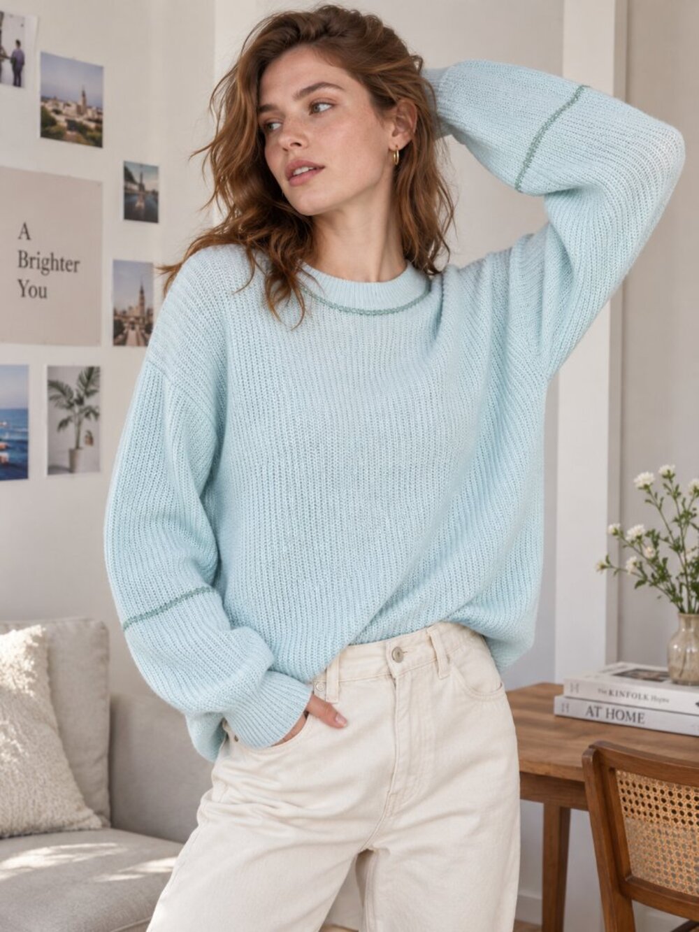 Joie Roshan Haze Blue 87% Wool 13% Cashmere Oversized Crew Neck Knit Sweater